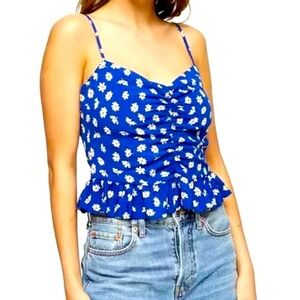 Topshop NEW Size US 4 Ruched Peplum Camisole Blue Daisy Floral Cami Top Womens